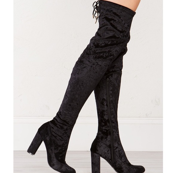 crushed velvet thigh high boots